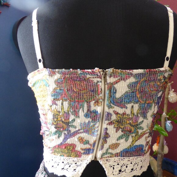QUIRKY GOTH BOHO COWGIRL CROPPED CAMI MULTI PEACOCK SEQUINS LINED LACE ZIP M L - Picture 3 of 11